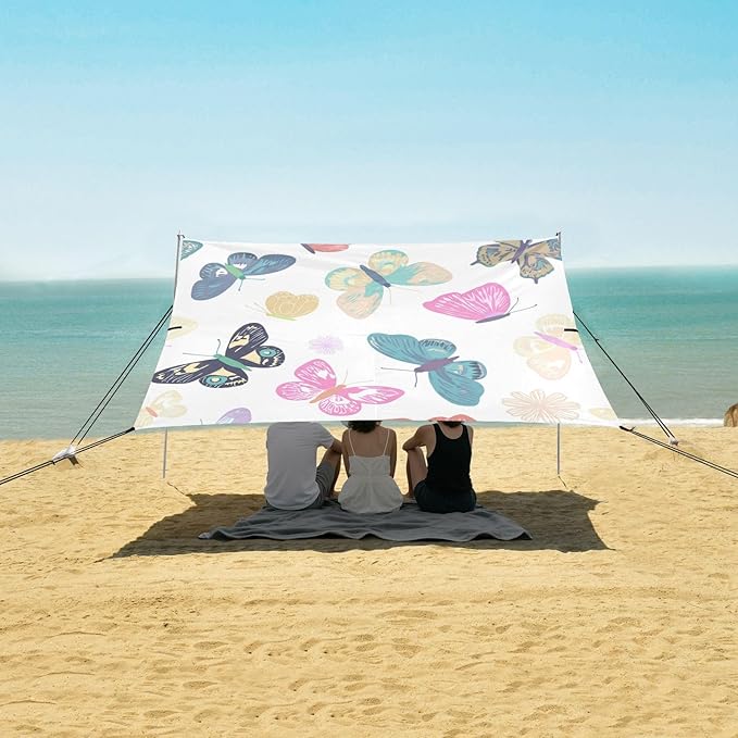 xigua Butterflies Beach Tent Sun Shelter with Carrying Bag - Silver Coated Oxford Fabric Beach Canopy for Beach Camping Fishing - Includes Windproof Ropes Sandbags &amp Stakes