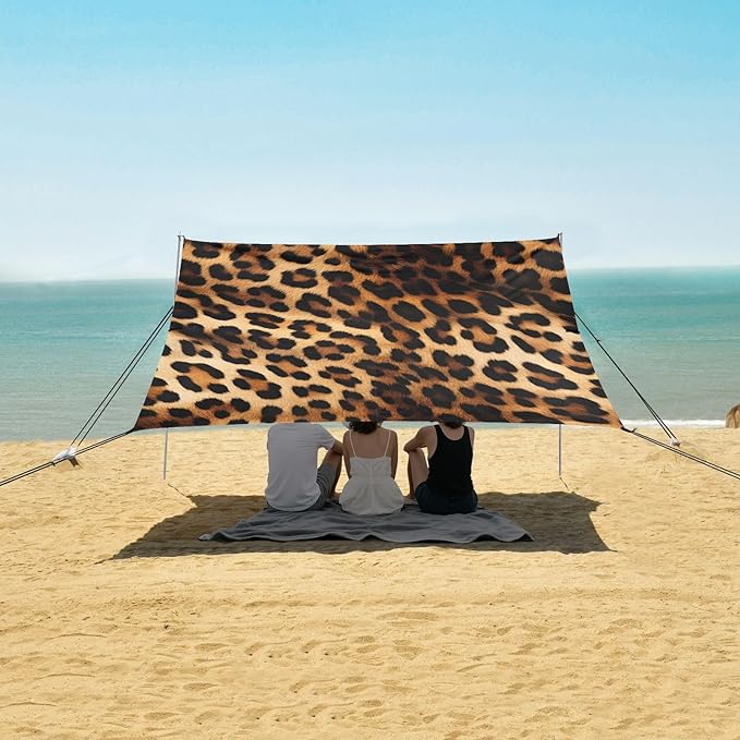 ALAZA Leopard Print Cheetah Beach Tent Sun Shelter UPF50+ Protection Beach Shade Canopy w/ 4 Sandbags for Outdoor Camping Fishing Backyard Fun Picnic 10x9 ft