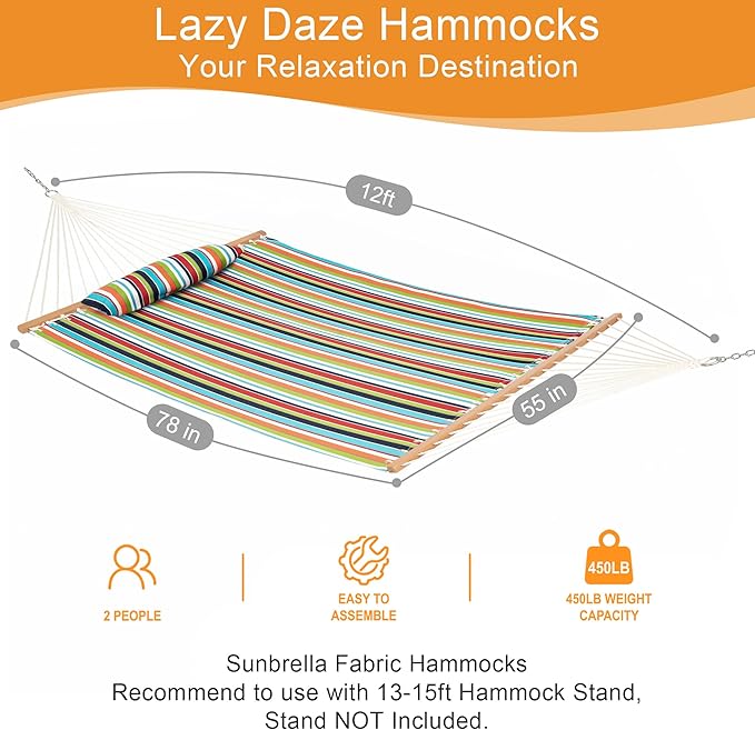 Lazy Daze Hammocks 12 FT Sunbrella Fabric Hammock not Fading with Spreader Bars and Free Pillow Fits for 2 Persons All Weather and Fade Resistant for Patio Yard 450 lbs Capacity Carousel Confetti