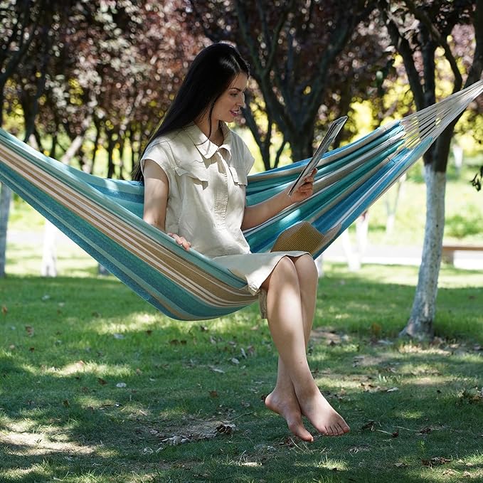Brazilian Hammock with Tree Straps - Canvas Hammocks Portable Hammock with Carry Bag for Backyard Porch Outdoor and Indoor Use Blue &amp Green