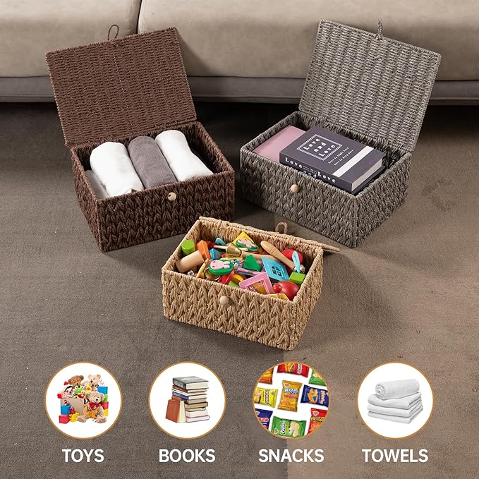 OIAHOMY Wicker Storage Basket with Lid &amp Lock Lidded Storage Bins Decorative Baskets for Organizing Set of 2-Natural