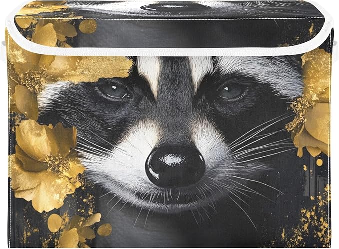 AIXIWAWA Lidded Storage Cube (Gold Floral Raccoon) Fabric Foldable Closet Bins with Flip Lid and Handles Organizer Basket Container 16.5 x 12.6 x 11.8 IN