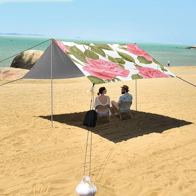 ALAZA Pink Rose Flower Beach Tent Sun Shelter UPF50+ Protection Beach Shade Canopy w/ 4 Sandbags for Outdoor Camping Fishing Backyard Fun Picnic 10x9 ft