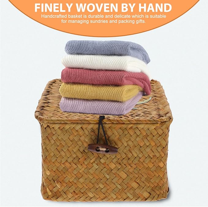 Hand Woven Lidded Storage Basket Woven Basket for Home Desktop Organizer Rattan Box