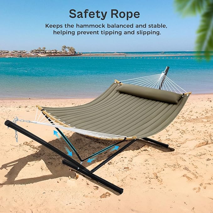SUPERJARE Curved-Bar Hammock with Stand 2 Person Heavy Duty Hammock Frame Detachable Pillow &amp Portable Carrying Bag Perfect for Outdoor &amp Indoor Olive Gray