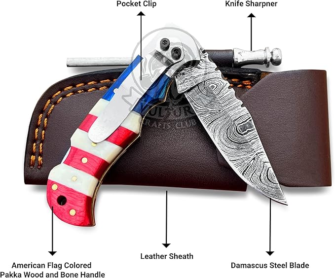 Damascus Steel Pocket Knife with Clip and Leather Sheath - EDC Knife for Outdoor and Camping Activities Handmade Folding Knife Free knife Sharpner (American Flag handle) (American Flag Handle)