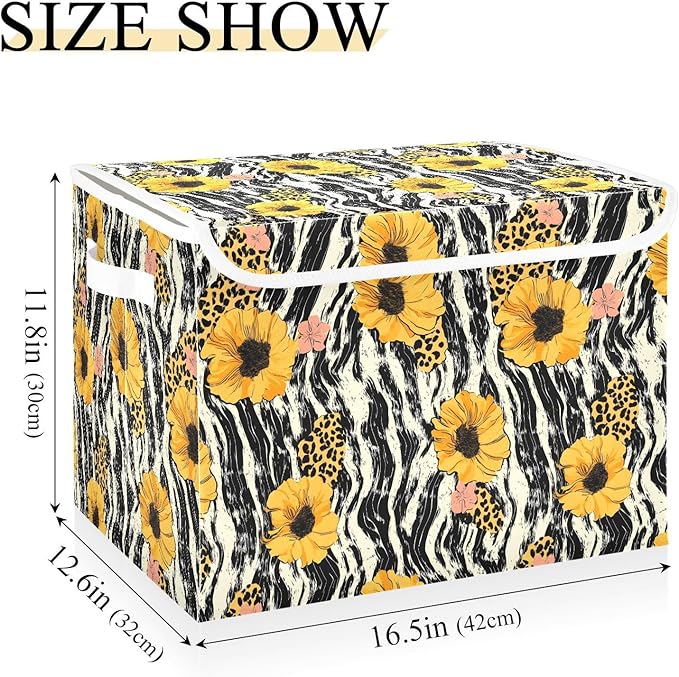 Storage Cube with Lid Leopard Sunflower Print 16.5×12.6×11.8 IN 1 Pack Collapsible Large Capacity Foldable Storage Basket Bin Organizer