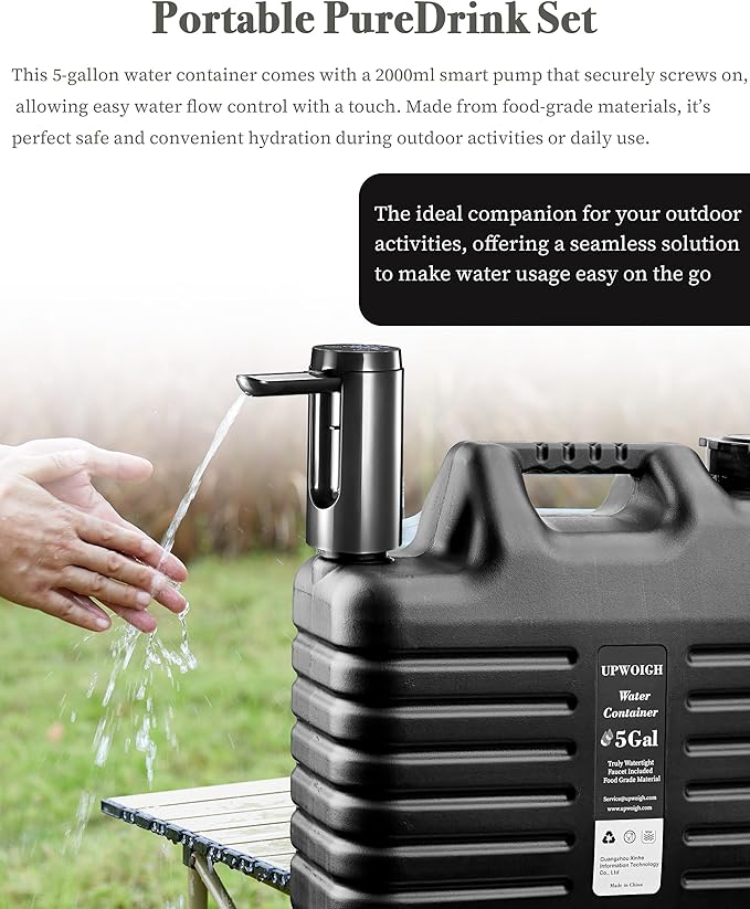 Portable 5 Gallon Water Jug with Automatic Touch Control PumpTruly No Leakage Water Container with SpigotType-C Rechargeable Black Water Pump Gear for Outdoors Camping Hiking
