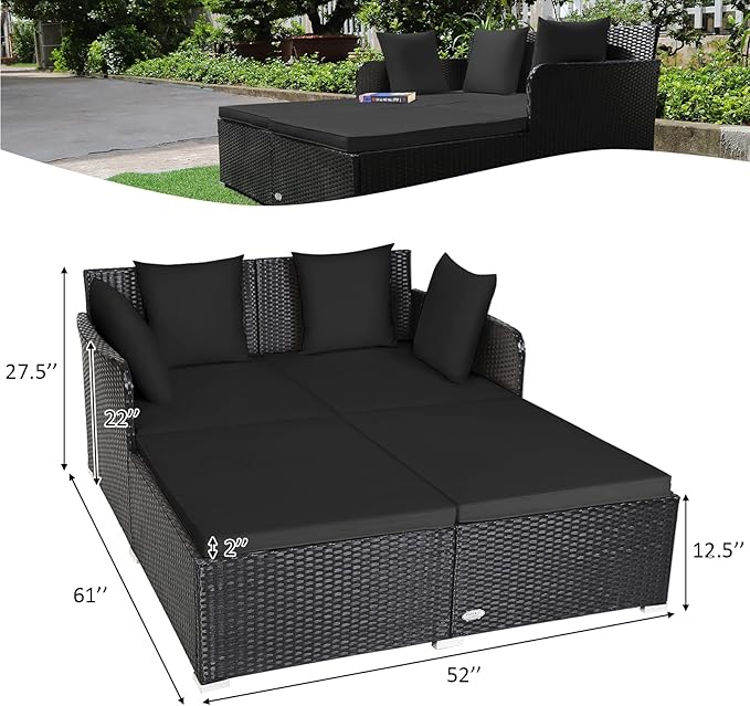 Tangkula Outdoor Rattan Daybed Wicker Furniture with Spacious Seat Upholstered Cushion &amp High-Resilience Sponge Patio Sofa Set with 4 Pillows 2-Person Sunbed for Poolside Backyard Garden &amp