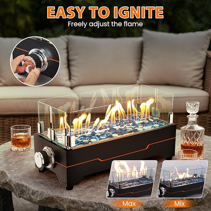 GRISUN Tabletop Fire Pit15 Inch Propane Fire Pit Table30000 BTU Table Top Firepit with Glass Wind GuardStainless Steel BurnerFire GlassPortable Propane fire Pit for Patio Camping Backyard &amp