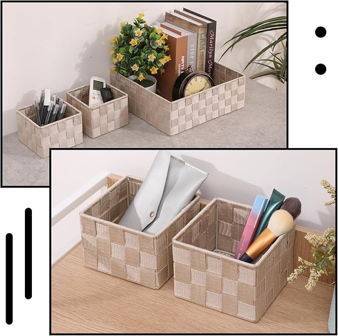 Storage Bins Woven Organizer Set of 6 – Polypropylene Storage Baskets with Metal Frame Stackable Fabric Boxes for Drawers Closet Shelf Nursery and Office Beige