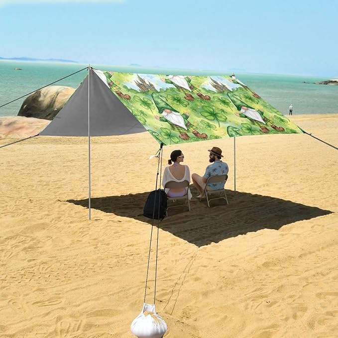 xigua St. Patrick's Day Gnome Beach Tent Sun Shelter with Carrying Bag - Silver Coated Oxford Fabric Beach Canopy for Beach Camping Fishing - Includes Windproof Ropes Sandbags &amp Stakes