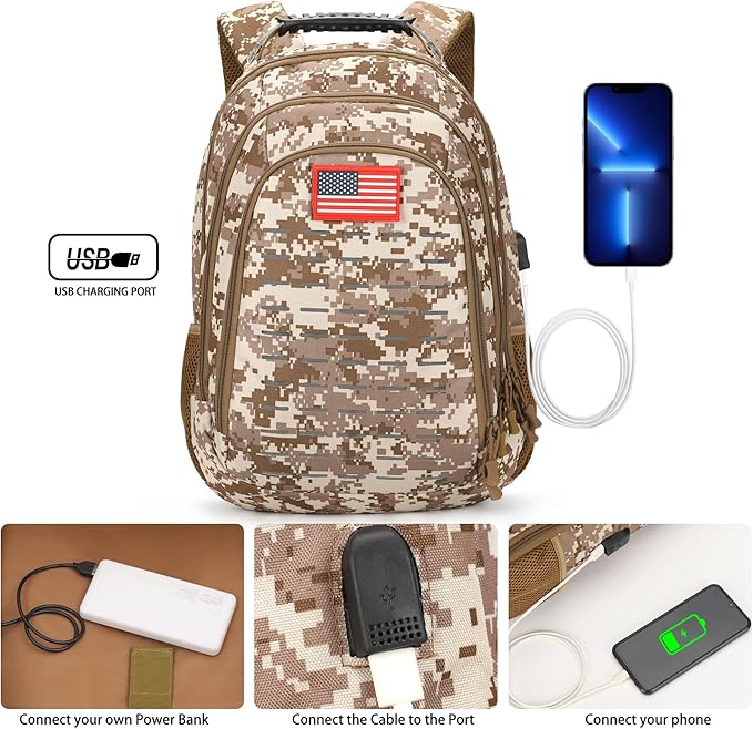 Camo BackpackSmall Tactical Backpack for outdoorMilitary Teen Boys Backpacks for School with USB Charging Port40L