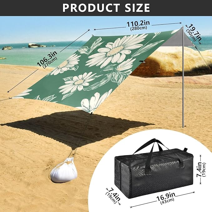 ALAZA Vintage Daisy and Flowers Green Beach Tent Sun Shelter Portable Canopy Sunshade for Outdoor Camping Picnics Backyard Fun 10x9 ft