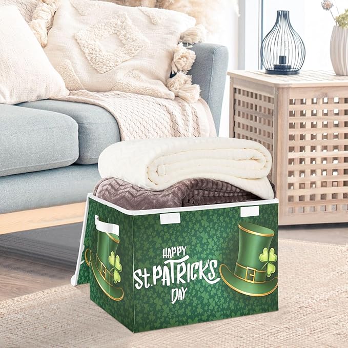senya St. Patrick's Day Storage Baskets Collapsible Storage Bins with Lids Saint Patrick's Day and Green Hat on Shamrock Storage Boxes Clothes Baskets for Organizing