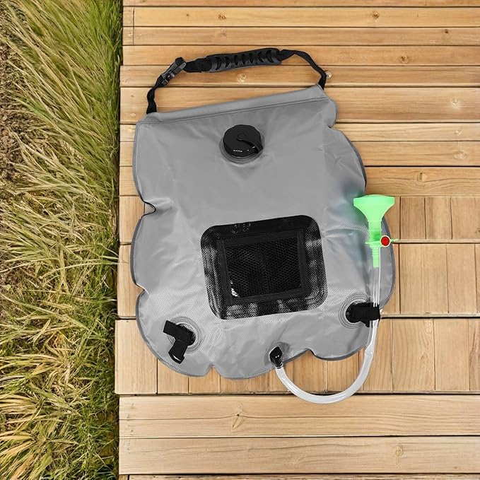 Portable Solar Shower Bag 20l with Temperature Indicator and On/Off Switchable Shower Head Outdoor Camping Hiking Beach Travel Gray