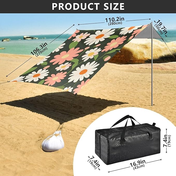 ALAZA Daisy Flower Vintage Floral Beach Tent Sun Shelter Portable Canopy Sunshade for Outdoor Camping Picnics Backyard Fun 10x9 ft