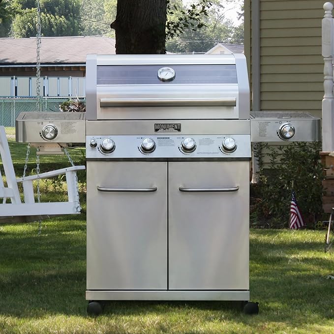 Monument Grills Larger 4-Burner Propane Gas Grills Stainless Steel Cabinet Style with Infrared Side Sear &amp Side Burners with Cooking Plate(2 Items) Outdoor Use