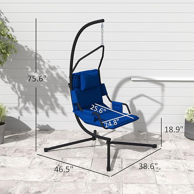 Outsunny Hammock Chair with Stand Hammock Swing with PA Coating Oxford Fabric Cushion Indoor Outdoor Hanging Chair with Chain Steel Frame for Bedroom Patio Balcony Dark Blue