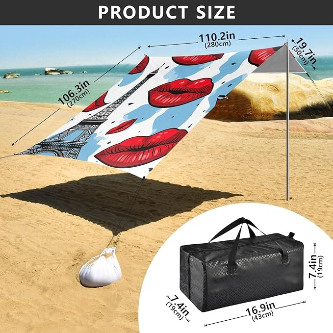 ALAZA Paris Eiffel Tower Red Lips Beach Tent Sun Shelter Portable Canopy Sunshade for Outdoor Camping Picnics Backyard Fun 10x9 ft