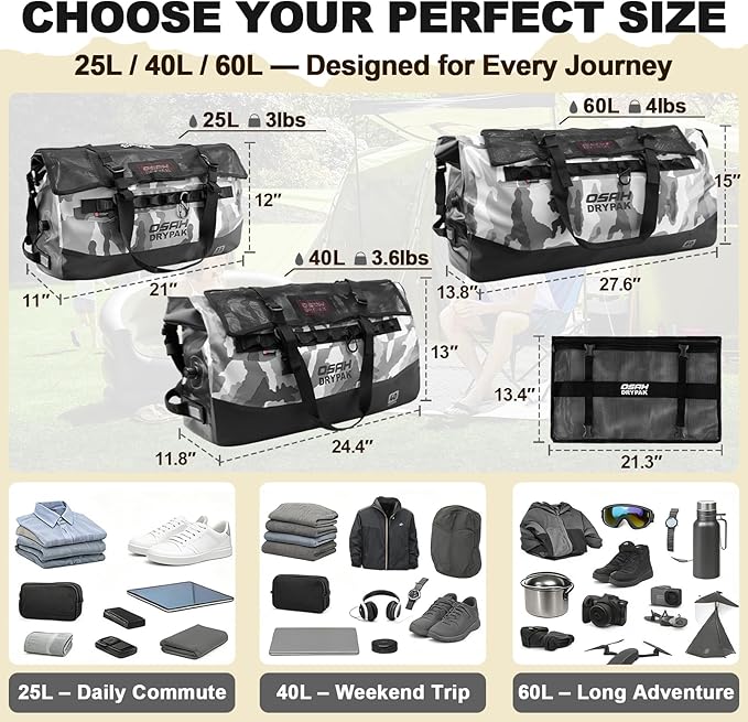 OSAH DRYPAK Waterproof Duffel Bag 25L/40L/60L – Heavy-Duty Motorcycle Tail Bag Roll-Top Dry Bag for Travel Camping Boating Kayaking Outdoor Adventure