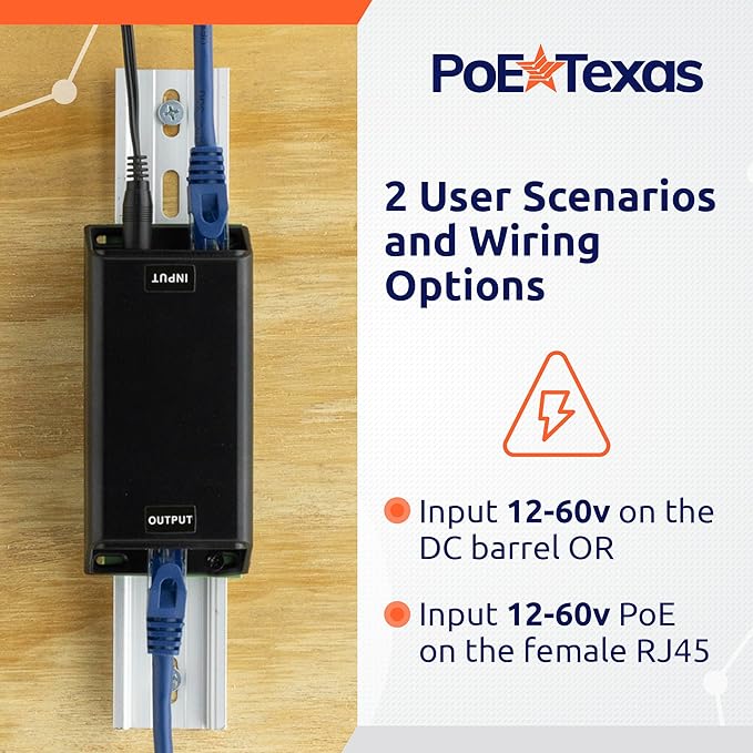 PoE Texas DC-Powered PoE+ (30 watt) Gigabit Inline Injector Converts 12-60V in to 50 Volt IEEE 802.3at PoE+ Out - Variable DC PoE Injector for Solar &amp Battery Powered Installations WiFi &amp Mor