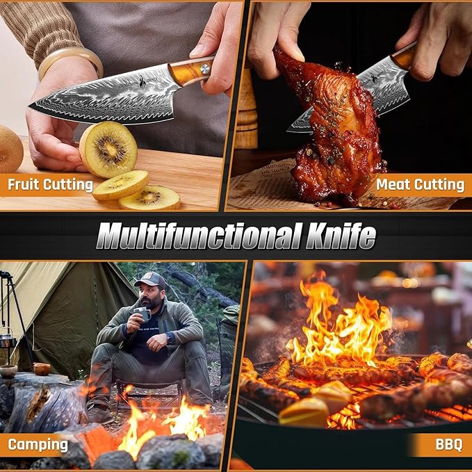 Golden Bird Damascus Steel Knife for Kitchen and Outdoor - Hand Forged Chef Camping Knife with Resin Handle &amp Wood Sheath All Purpose Cooking Survival Hunting KnivesGift for Men &amp Women