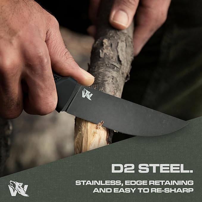 ODENWOLF W-FLAT Full Tang Survival Knife with Sheath - Stylish Tactical Fixed Blade - Made of D2 Steel - Bushcraft and Camping Knife Survival - Perfect EDC Hunting Knife with TPE Handle