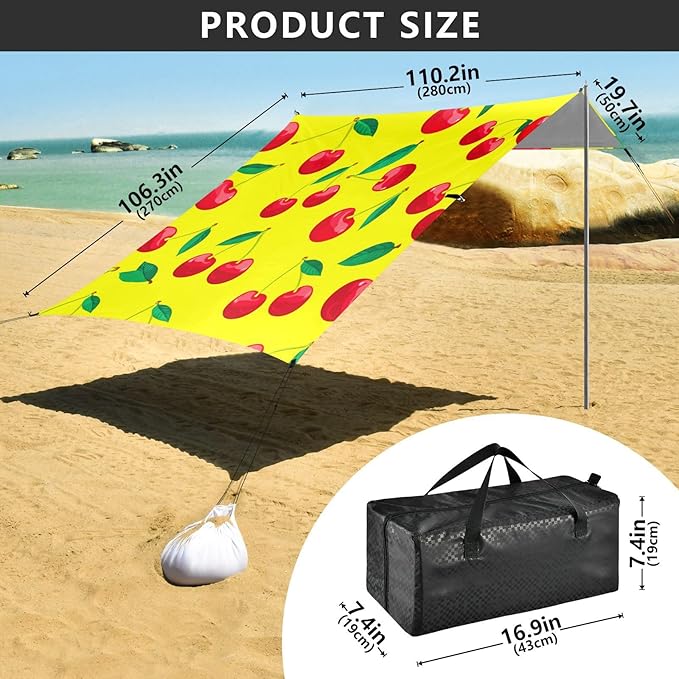 Beach Canopy with Windproof Ropes &amp Sandbags Beach Tent Sun Shade Sun Shelter for Camping Trips Fishing Backyard Fun or Picnics Red Cherries