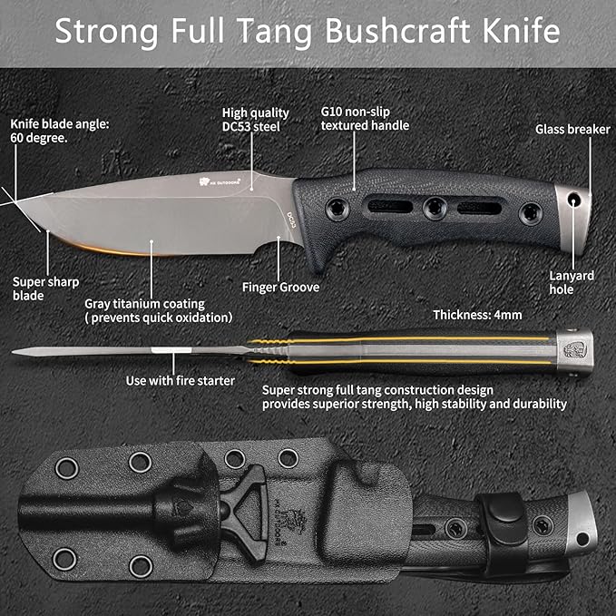 HX OUTDOORS Fixed Blade Knife with Fire Starter Premium DC53 Steel Full Tang Tactical Knives for Men Bushcraft Survival Camping Knife with Kydex Sheath for EDC Outdoor (Gray)