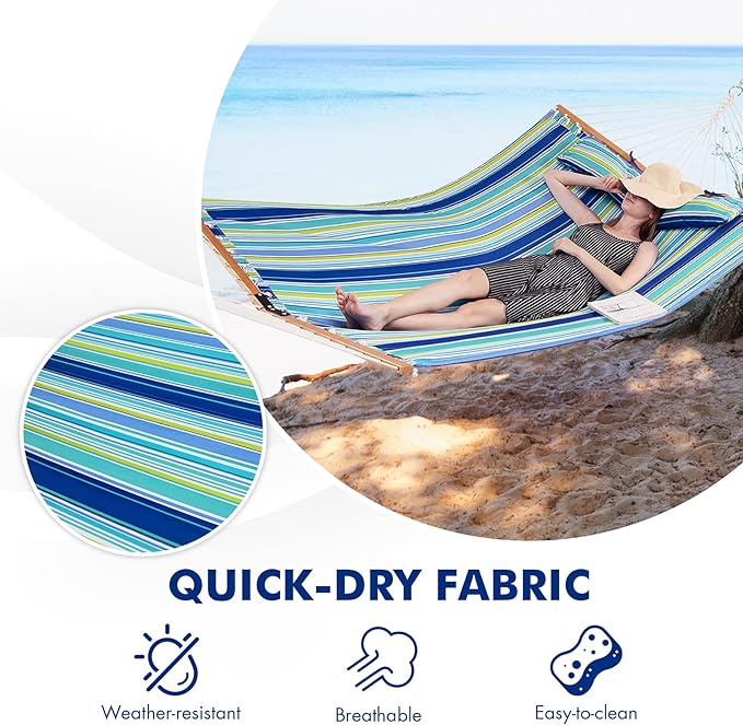 Goplus 10.5 FT Hammock Quilted 2 Person Hammock w/Detachable Pillow 330LBS Capacity Curved Hardwood Spreader BarQuick Dry Fabric Portable Paddled Hammock Swing for Patio Yard Porch Indoor Outdoor
