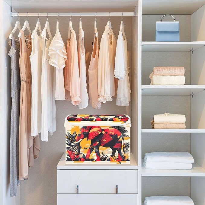 AIXIWAWA Lidded Storage Cube (Art Elephant) Fabric Foldable Closet Bins with Flip Lid and Handles Organizer Basket Container 16.5 x 12.6 x 11.8 IN