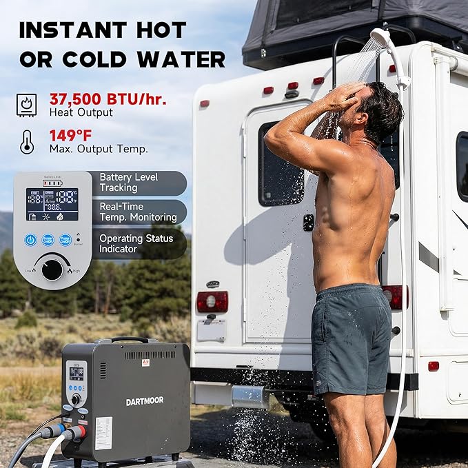 DARTMOOR Portable Propane Water Heater Battery Powered Outdoor Portable Shower with 37500 BTU LCD Display Auto Shutoff Camping Shower with 4500mAh Rechargeable Battery for Hunting Cleaning Camping