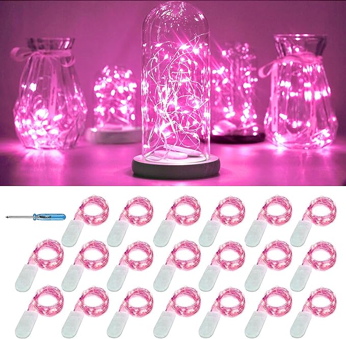 20 Packs Fairy String Lights 6.6FT 20 LEDs Battery Operated Silver Copper Wire Starry String Light for DIY Party Christmas Costume Wedding Easter Table Decorations (Pink)