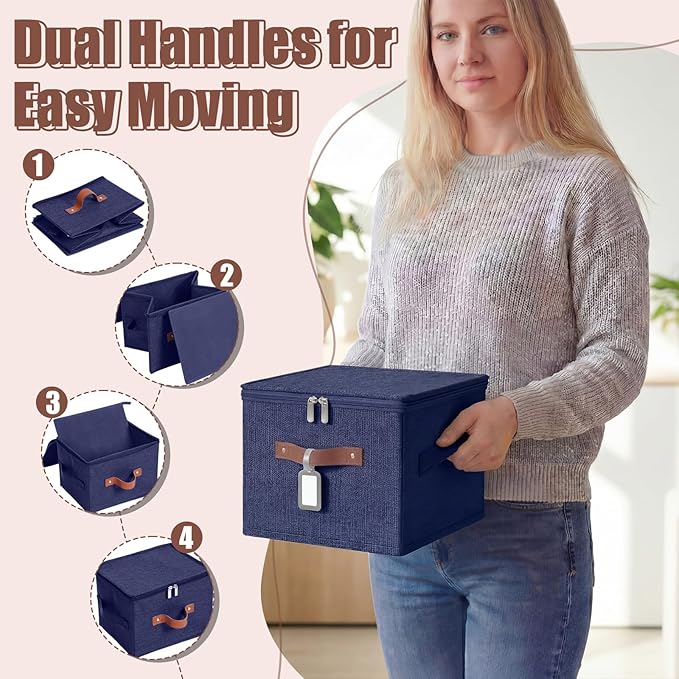 6 Pack Fabric Closet Storage Bins with Zipper Lids and Label 10×8×7In Large Size Foldable Cotton Linen Storage Cubes Boxes with PU Leather Handles Holders for Bedroom Nursery Dark Blue