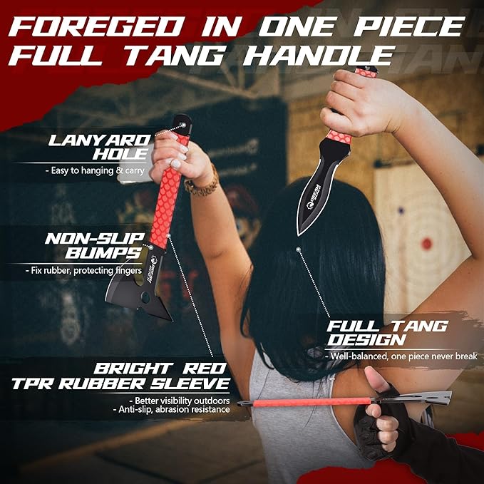 Dream Reach 6-Pack Throwing Game Set Including Safe Full Tang 3 PCS Throwing Axes and 3 PCS Throwing Knives with TPR Rubber Sleeve and Protective Sheaths for Recreation and Competition