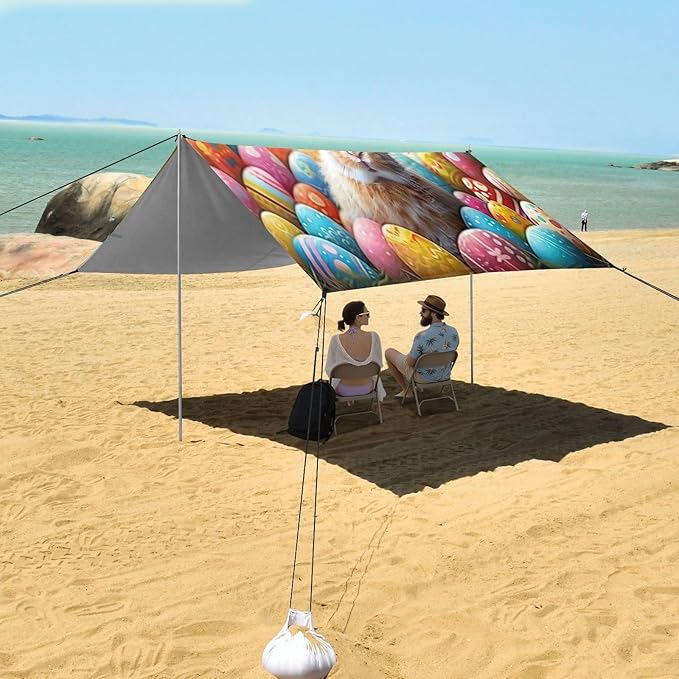 Easter Bunny and Colorful Eggs Beach Tent Sun Shelter Set UPF50+ UV Protection 10.5 x 9.19 FT Camping Shade Canopy with Sandbags Sand Anchors Carrying Bag and Others