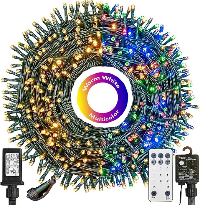 300 LED Christmas String Lights Outdoor Indoor Color Changing with Remote/Timer 108FT 11 Modes Waterproof Warm White and Multi Color Christmas Lights Plug in for Tree Garden Decoration