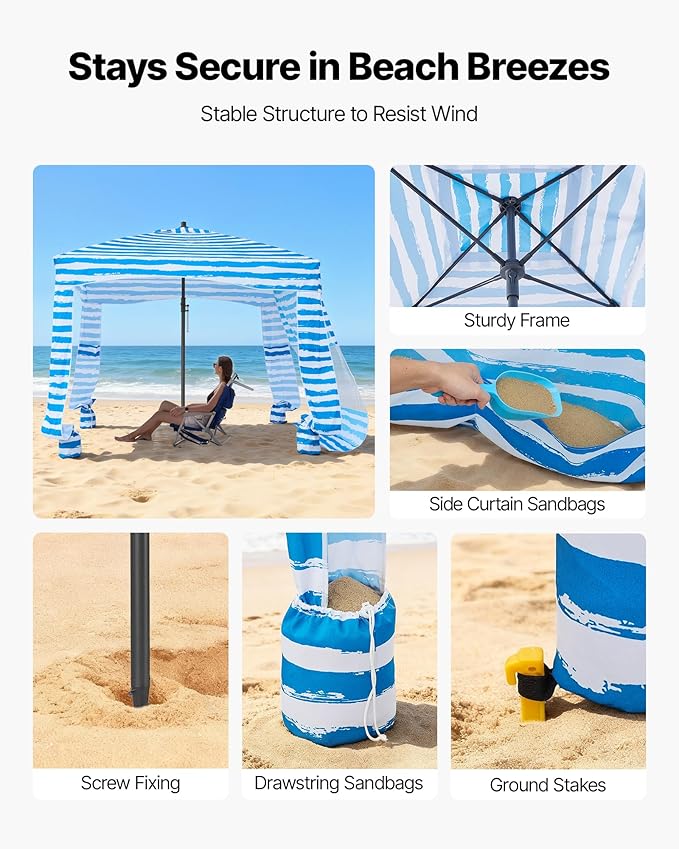 VEVOR Beach Cabana 6 x 6 ft Beach Canopy with Side Wall UPF 50+ Protection Easy Setup Cabana Tent with Sand Pockets Portable Shade Sun Shelter Umbrella for Whole Family &amp Friends Blue Stripes
