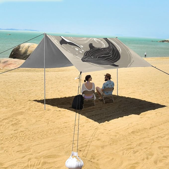 ALAZA Whale Tai Chi Beach Tent Sun Shelter UPF50+ Protection Beach Shade Canopy w/ 4 Sandbags for Outdoor Camping Fishing Backyard Fun Picnic 10x9 ft