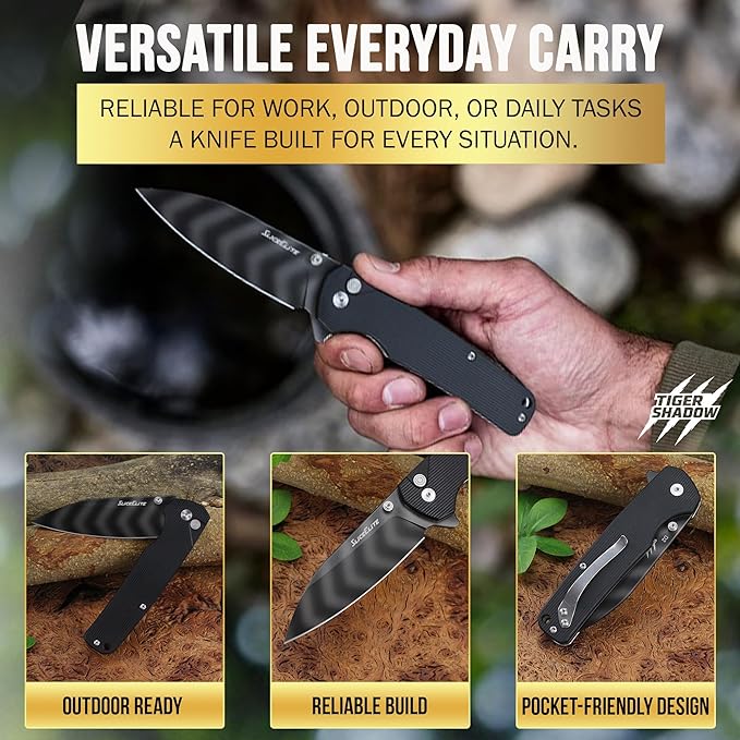 SliceElite Tiger Shadow Folding Knife D2 Steel 3.5 Inch Drop Point Blade Black G10 Handle Button Lock Striped Titanium Finish EDC Pocket Knife Outdoor Camping Survival Everyday Carry