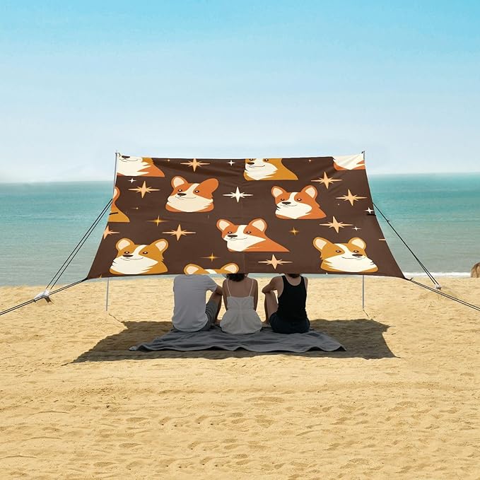 ALAZA Celestial Corgi Pattern Beach Tent Sun Shelter Portable Canopy Sunshade for Outdoor Camping Picnics Backyard Fun 10x9 ft
