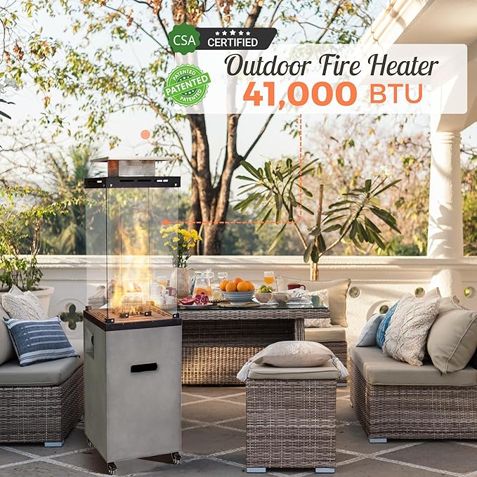 Afterglow Outdoor Patio Propane Fire Heater with Weather Cover Glass 41000 BTU Fireplace Patented &amp CSA Certificated Cement Gray