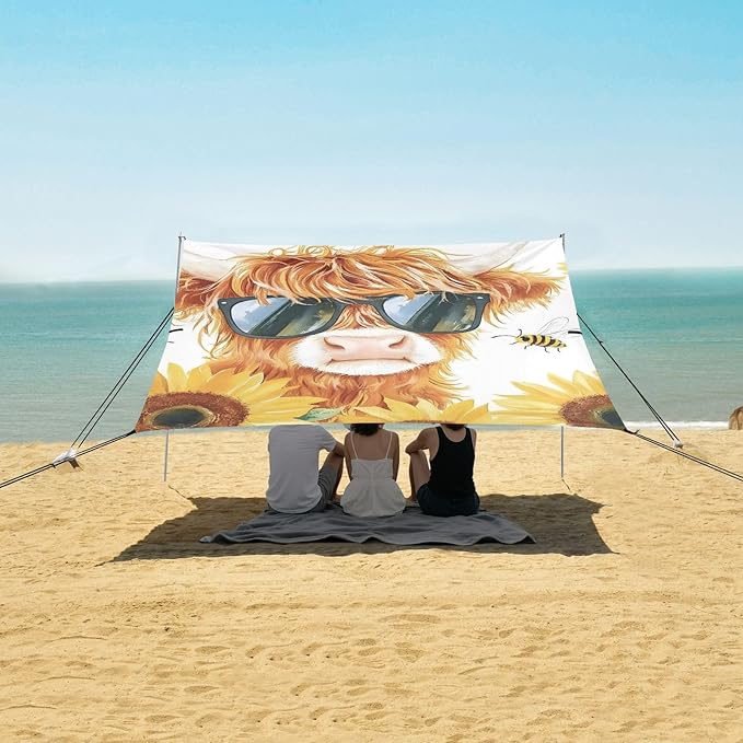 ALAZA Highland Cattle Sunflower Sunglasses Beach Tent Sun Shelter Portable Canopy Sunshade for Outdoor Camping Picnics Backyard Fun 10x9 ft