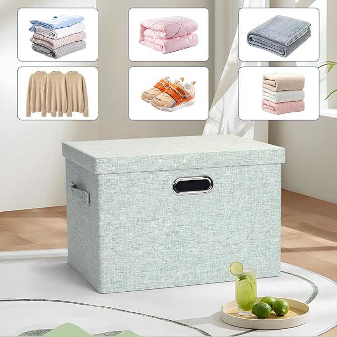Graciadeco Large 17 36 Quart Collapsible Stackable Storage Bins with Lids 3 Packs Light Green Linen Fabric Closet Boxes with Lids Storage Cube Baskets Container Organizers for Office (17x12x11)