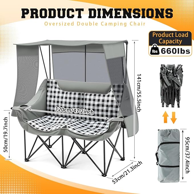 Teenyyou Double Camping Chair with Canopy Shade 660lbs Heavy Duty Beach Chair Portable Folding 2 Person Camping Loveseat with Cup Holder and Storage Bag for Lawn Beach Outdoor Sport(Grey Plaid)