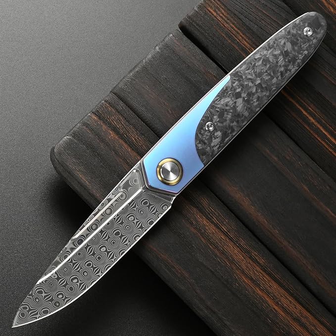 Sitivien ST245 Damascus Steel Folding Knives with Liner Lock Ball BearingTitanium Carbon Fiber Handle EDC Damascus Knife for Men Women(Blue)