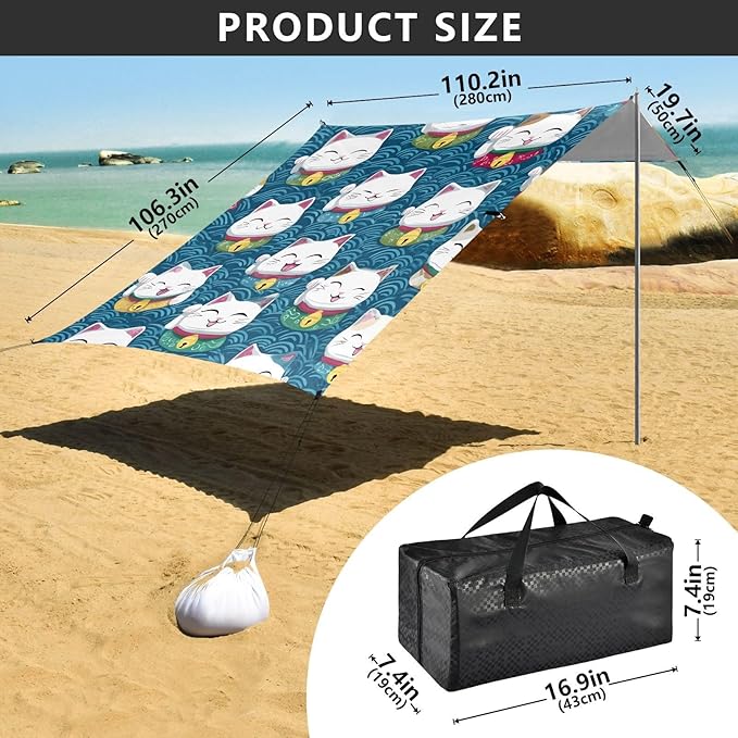 ALAZA Lucky Cat Pattern Beach Tent Sun Shelter Portable Canopy Sunshade for Outdoor Camping Picnics Backyard Fun 10x9 ft
