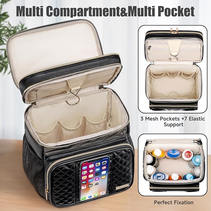 Large Leather Toiletry Bag for Women MenBathroom BagWater Resistant Shower BagMakeup BagPortable Shower Caddy for College DormHanging Travel Toiletry Bag with Transparent Waterproof Phone Pocket