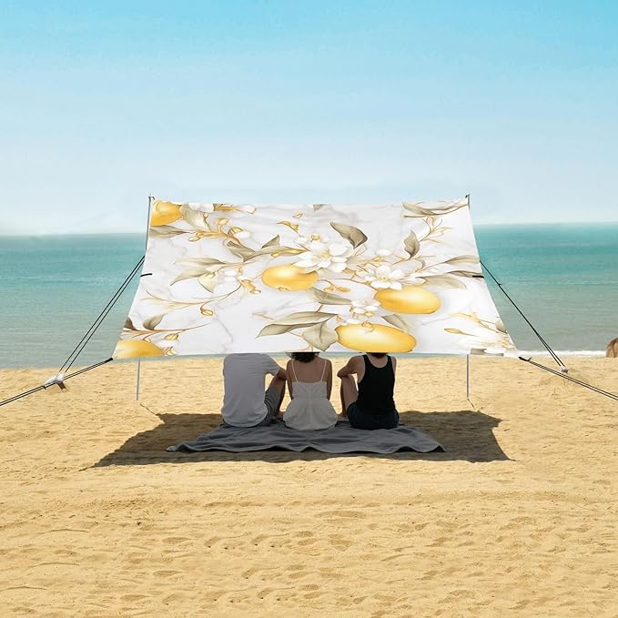ALAZA Lemon Floral Marble Beach Tent Sun Shelter Portable Canopy Sunshade for Outdoor Camping Picnics Backyard Fun 10x9 ft